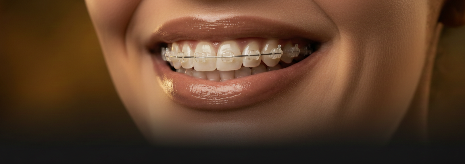 Close-up of a confident smile with clear braces at CroninOrtho