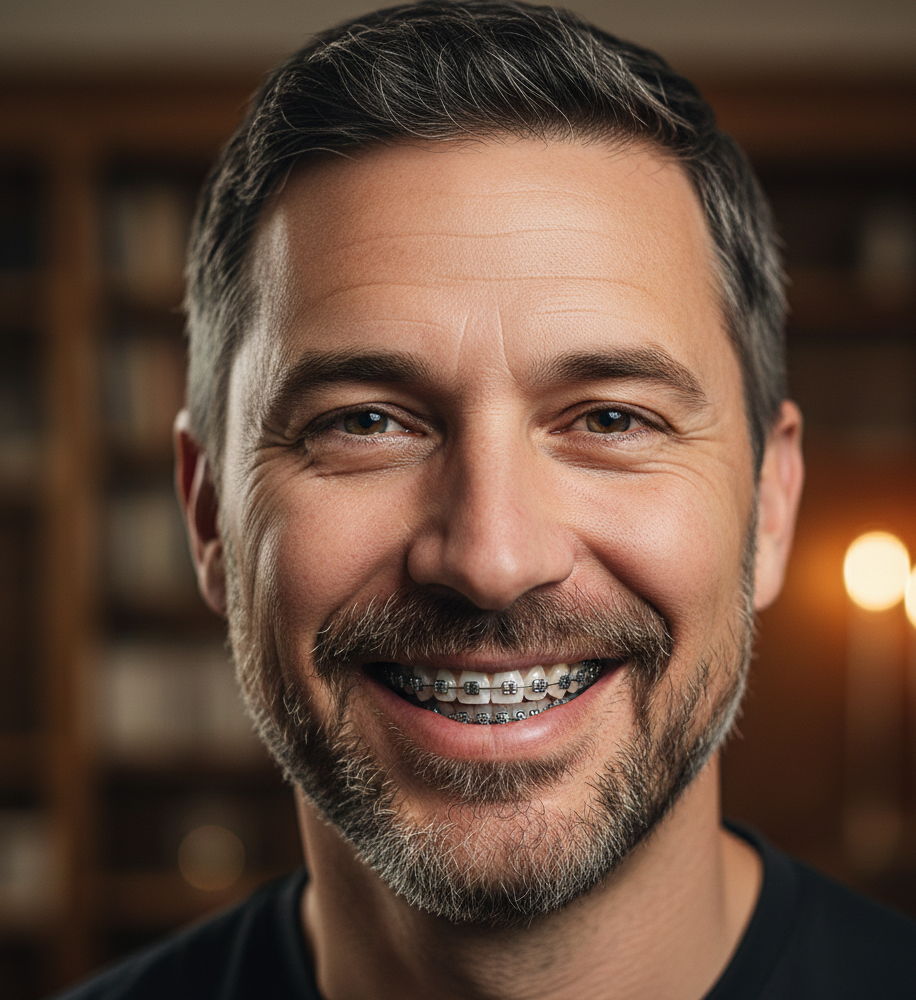 Adult man smiling with braces