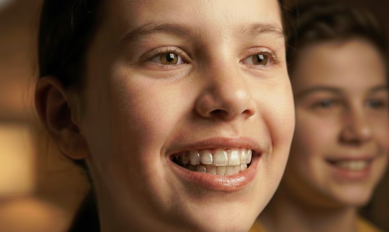 Teenager showing results of comprehensive orthodontic treatment with advanced alignment system